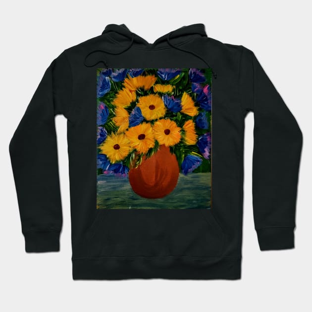 Some blue flowers and sunflowers in a bronze vase Hoodie by kkartwork